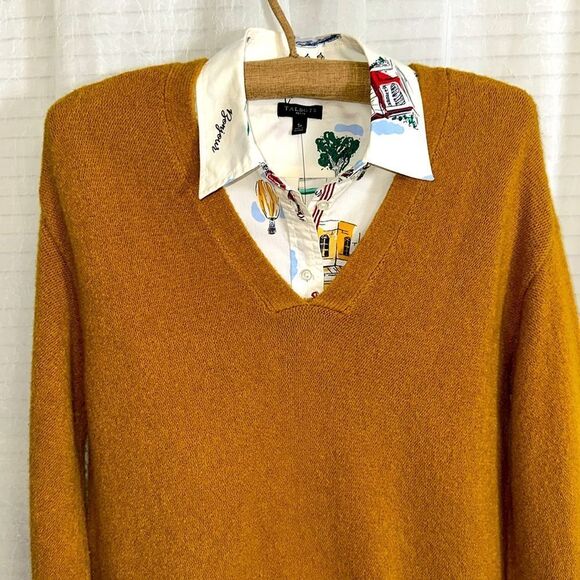 Anthropologie S Joy Mustard Soft Knit Fringe Hem V-Neck Jumper Sweater - Picture 7 of 16